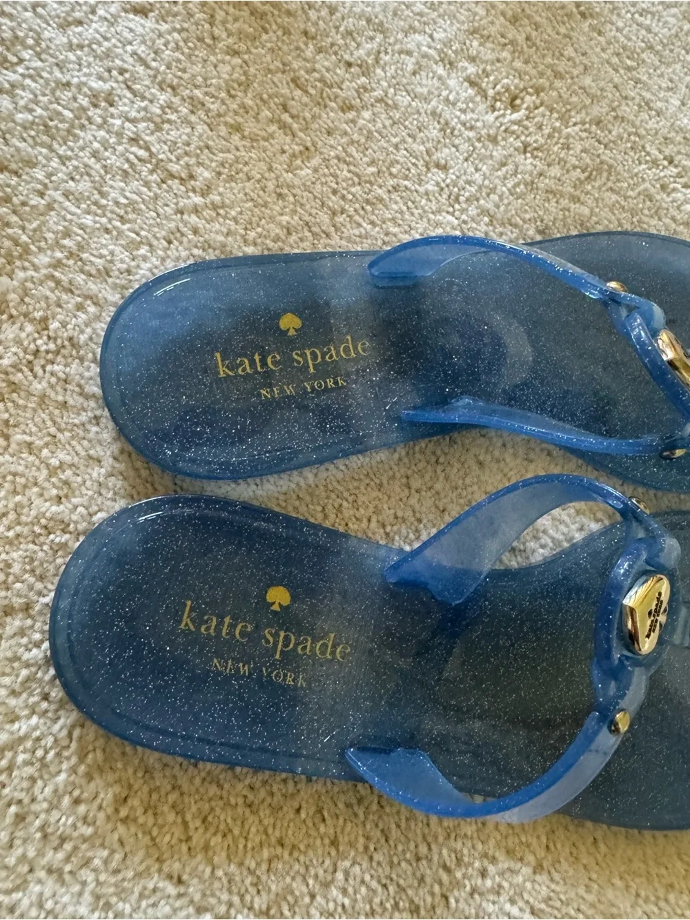 kate spade Navy Blue Glitter Jelly Flip Flops with Gold Heart